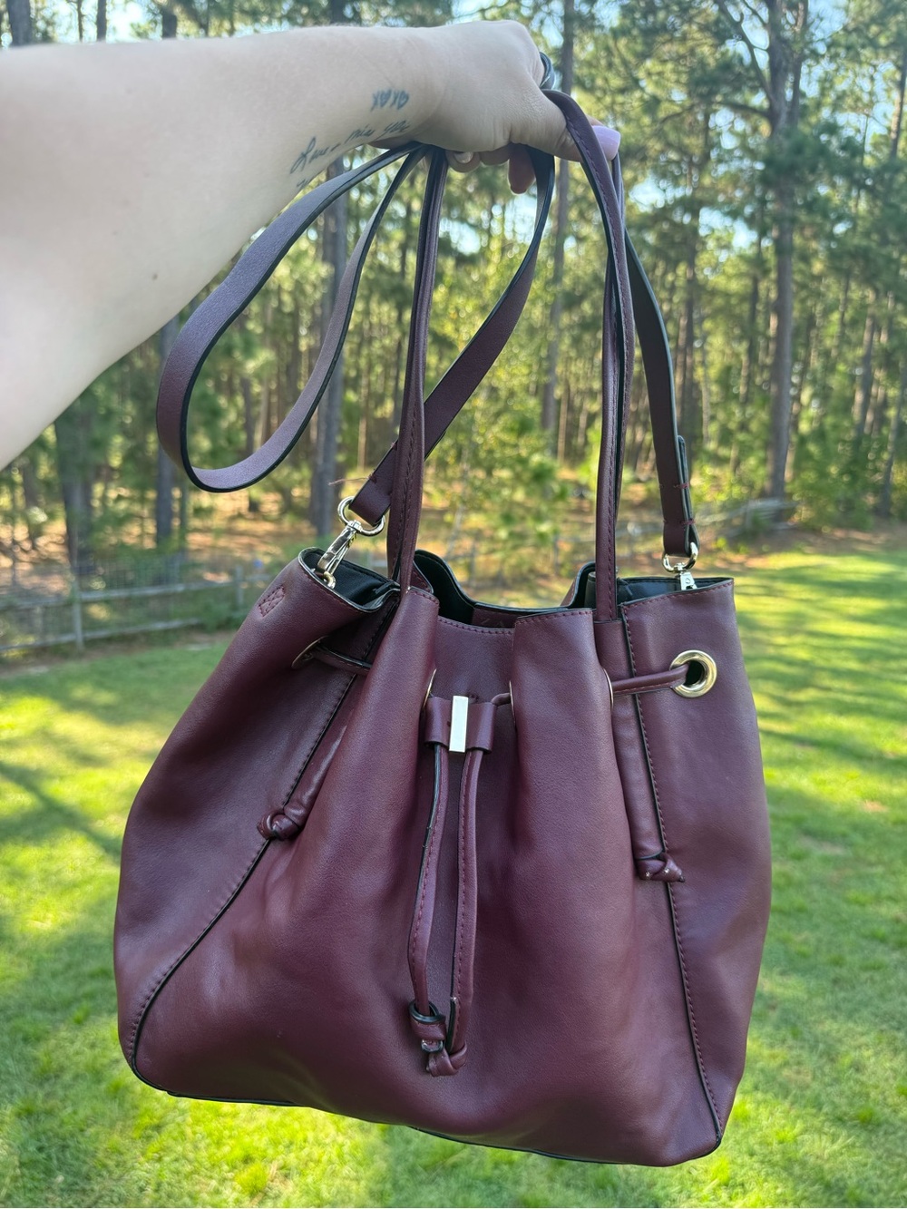 Zara Burgundy Drawstring Leather Tote Bag